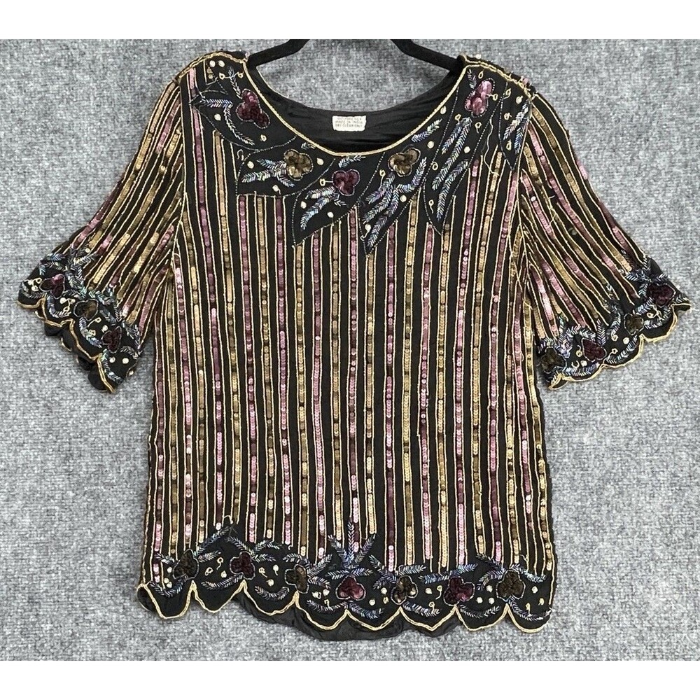 Vintage Black Silk Sequin Top Maximalist Floral Scallop Boho Embroidered Blouse